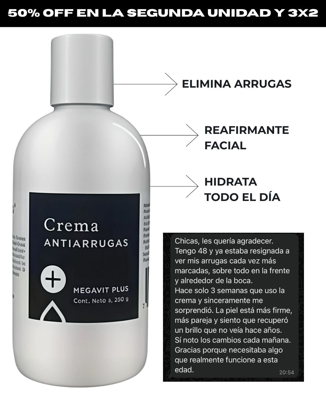 Megavit Plus Cosmética Premium: Tratamiento para Arrugas, Flacidez, Manchas y Reafirmante – 250 ML.